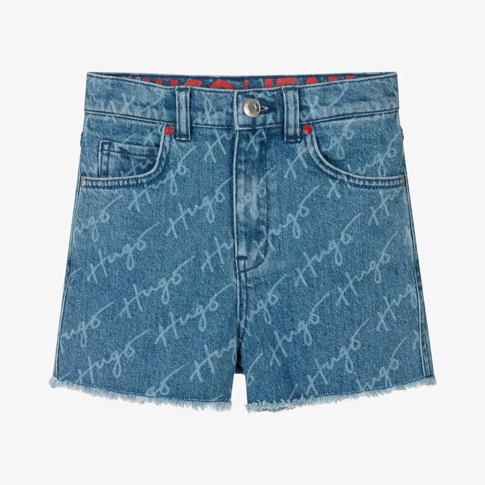 Girls Blue Denim Logo Shorts