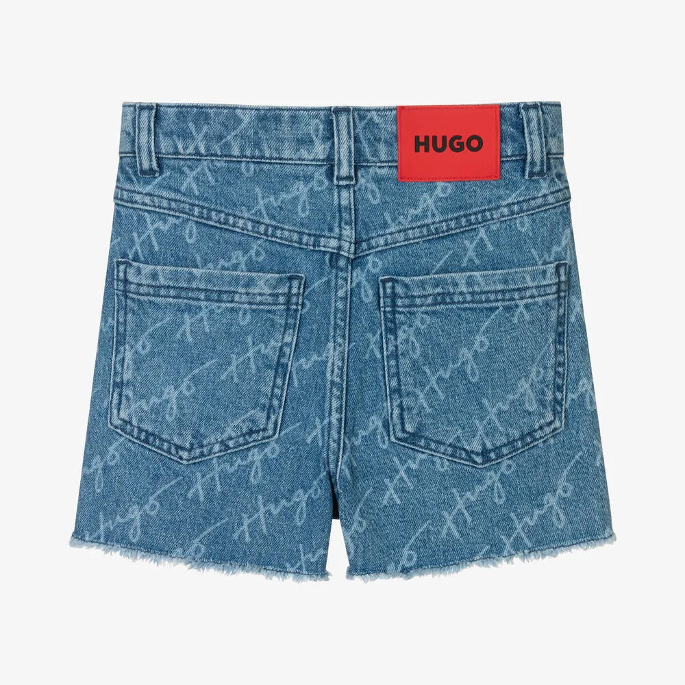 Girls Blue Denim Logo Shorts