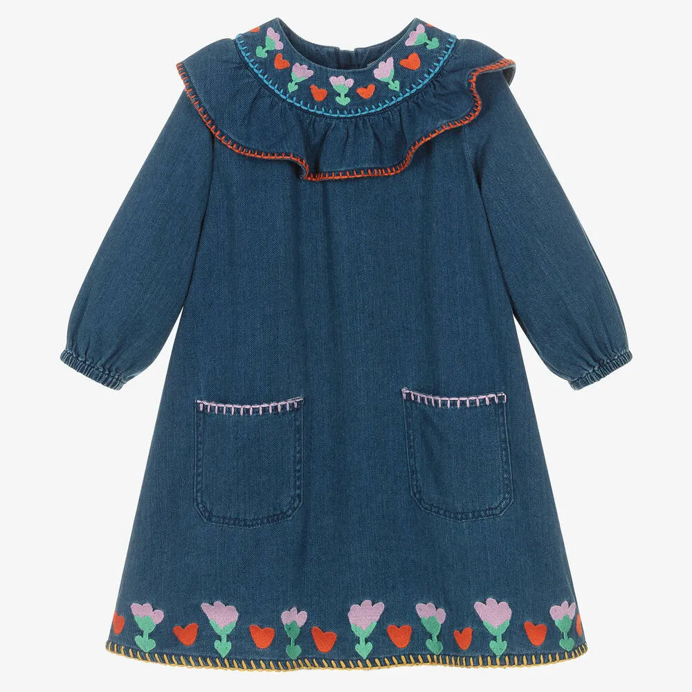 Girls Blue Embroidered Denim Dress