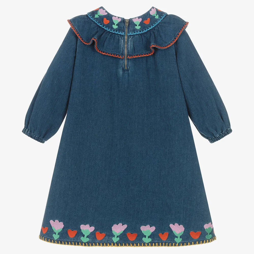 Girls Blue Embroidered Denim Dress