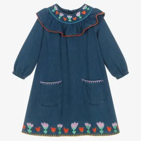 Girls Blue Embroidered Denim Dress