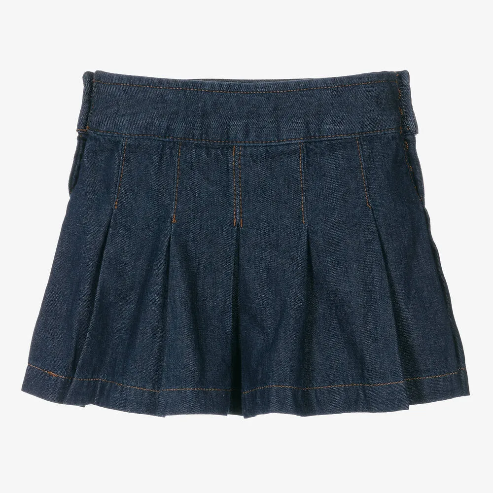 Girls Blue Pleated Denim Skirt