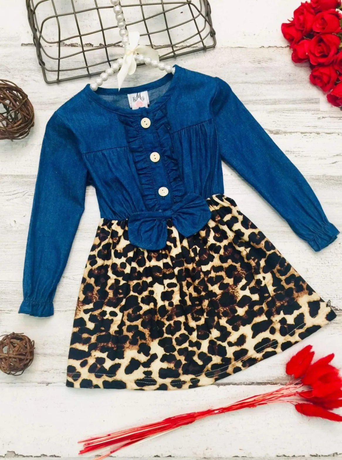 Girls Denim Printed Ruffled Button Down Long Sleeve Dress with Bow