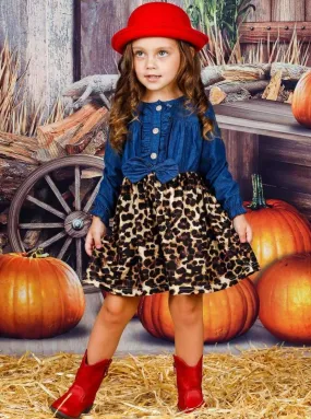 Girls Denim Printed Ruffled Button Down Long Sleeve Dress with Bow