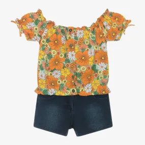 Girls Floral Top & Denim-Look Shorts Set