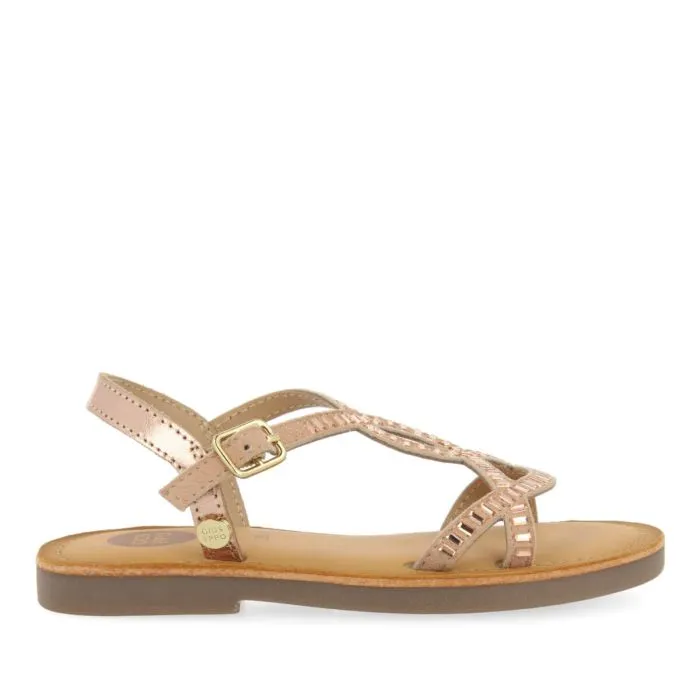 GOLDEN PINKE LEATHER SANDALS WITH STRAPS AND MINI RHINESTONES FOR GIRL TALARA