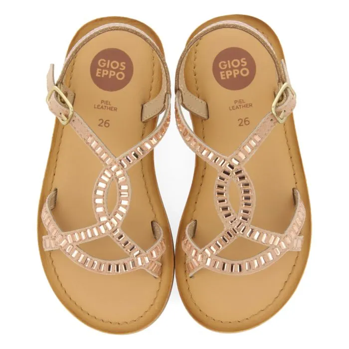 GOLDEN PINKE LEATHER SANDALS WITH STRAPS AND MINI RHINESTONES FOR GIRL TALARA