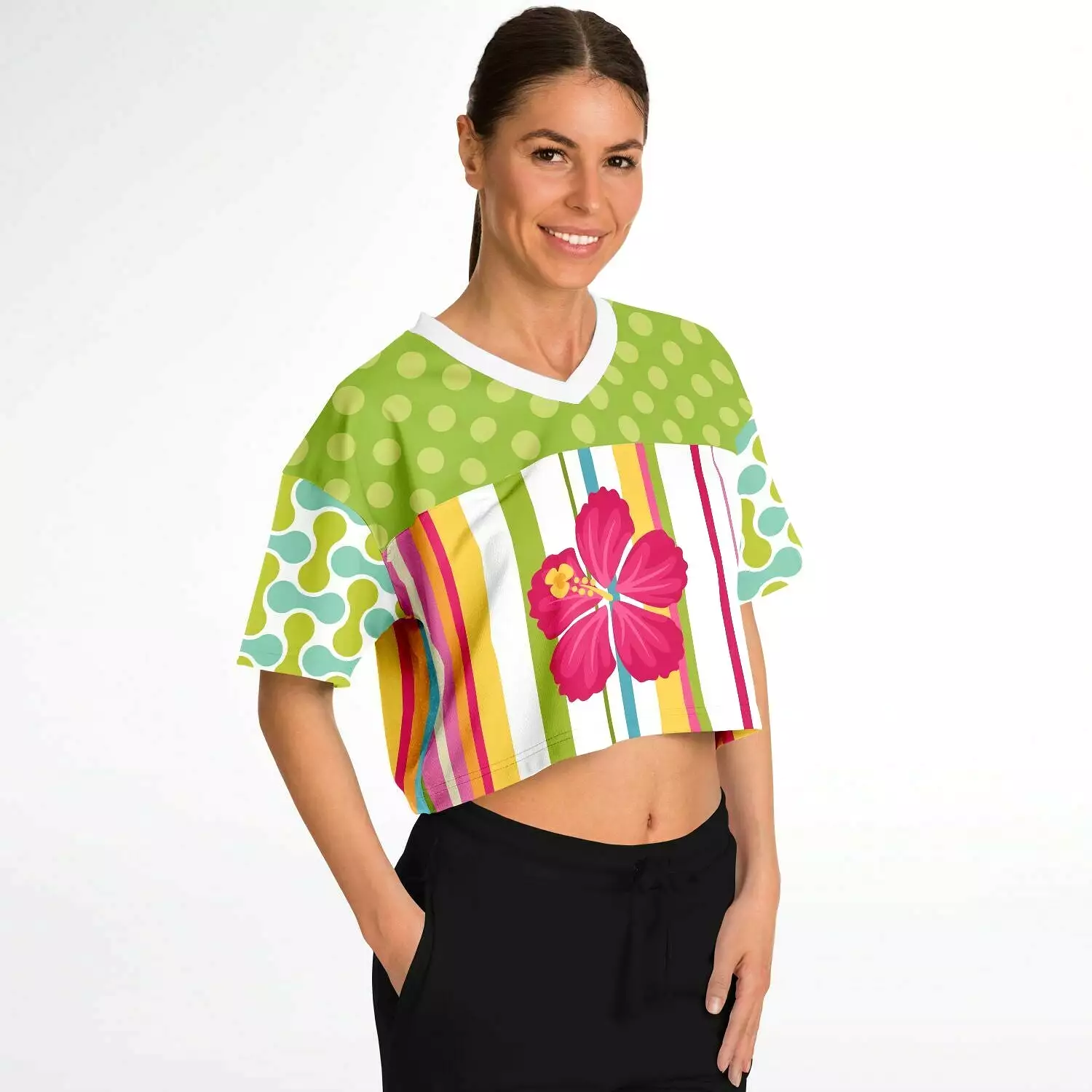 Green Anjou Pear Striped Floral Crop Jersey