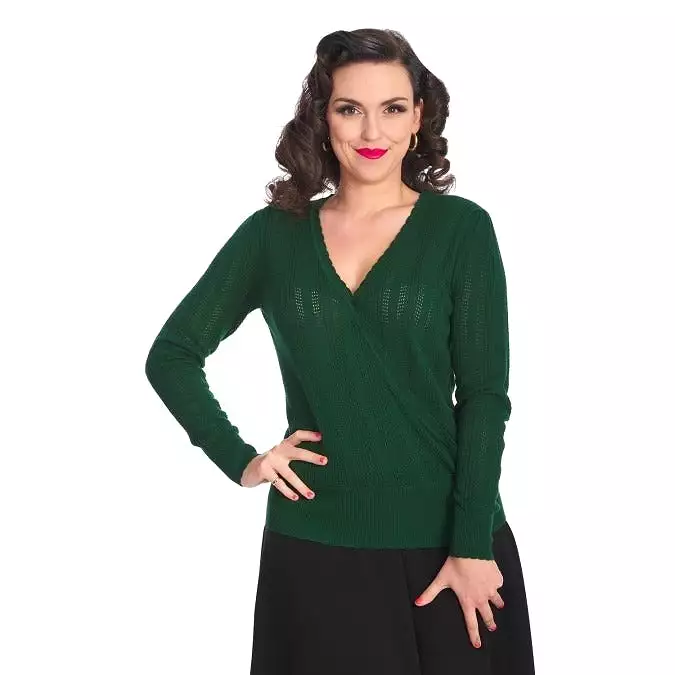 Green Vintage Long Sleeve Knitted Wrap Effect Top