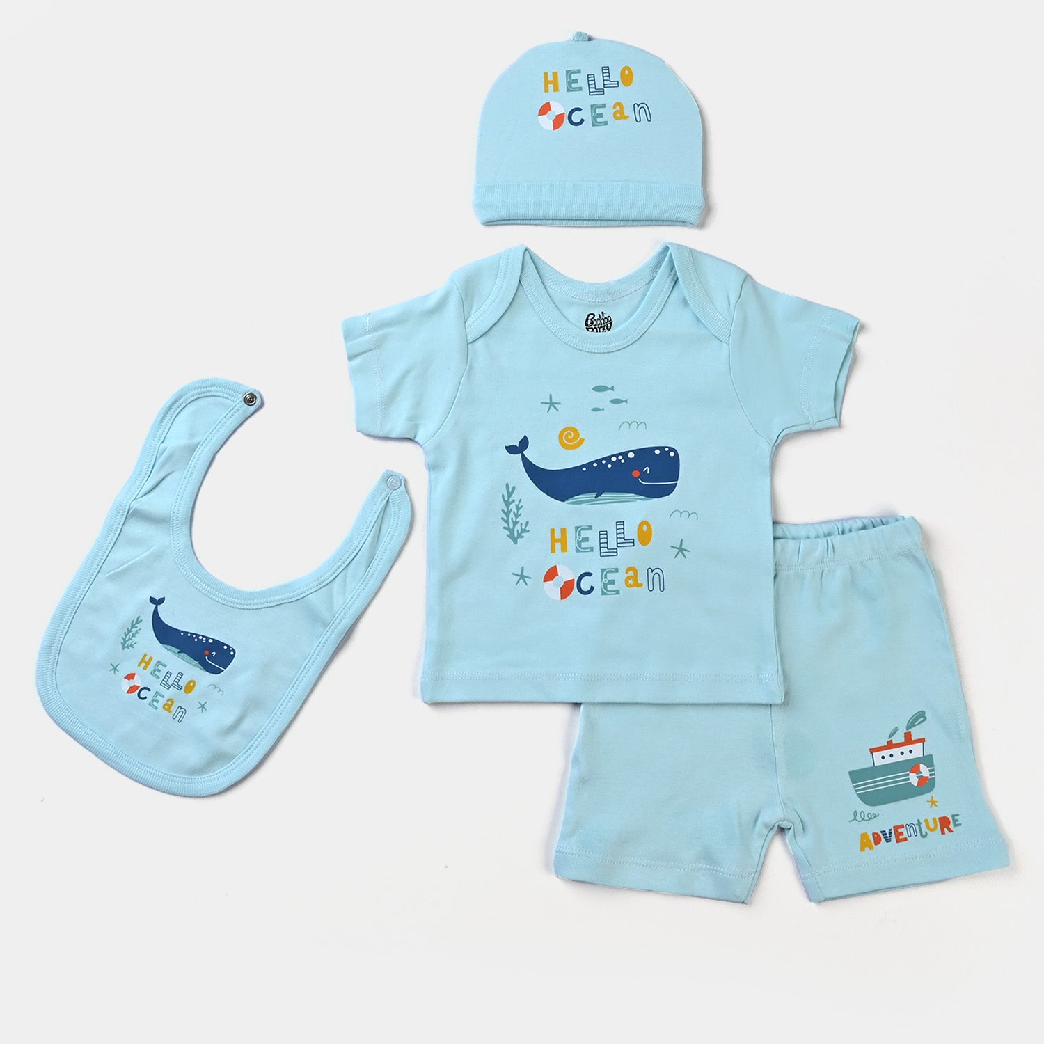 Infant Boys Cotton Poplin 4 Piece Set (T-Shirt/Short/Cap/Bib)-mIX