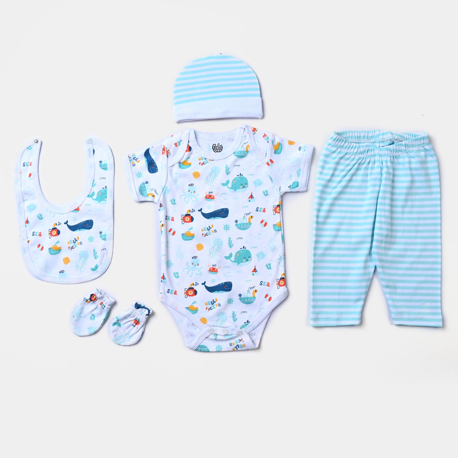 Infant Boys Cotton Poplin 5 Piece Set (Romper/Pyjama/Cap/Mittons/Bib)-mIX