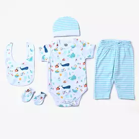 Infant Boys Cotton Poplin 5 Piece Set (Romper/Pyjama/Cap/Mittons/Bib)-mIX