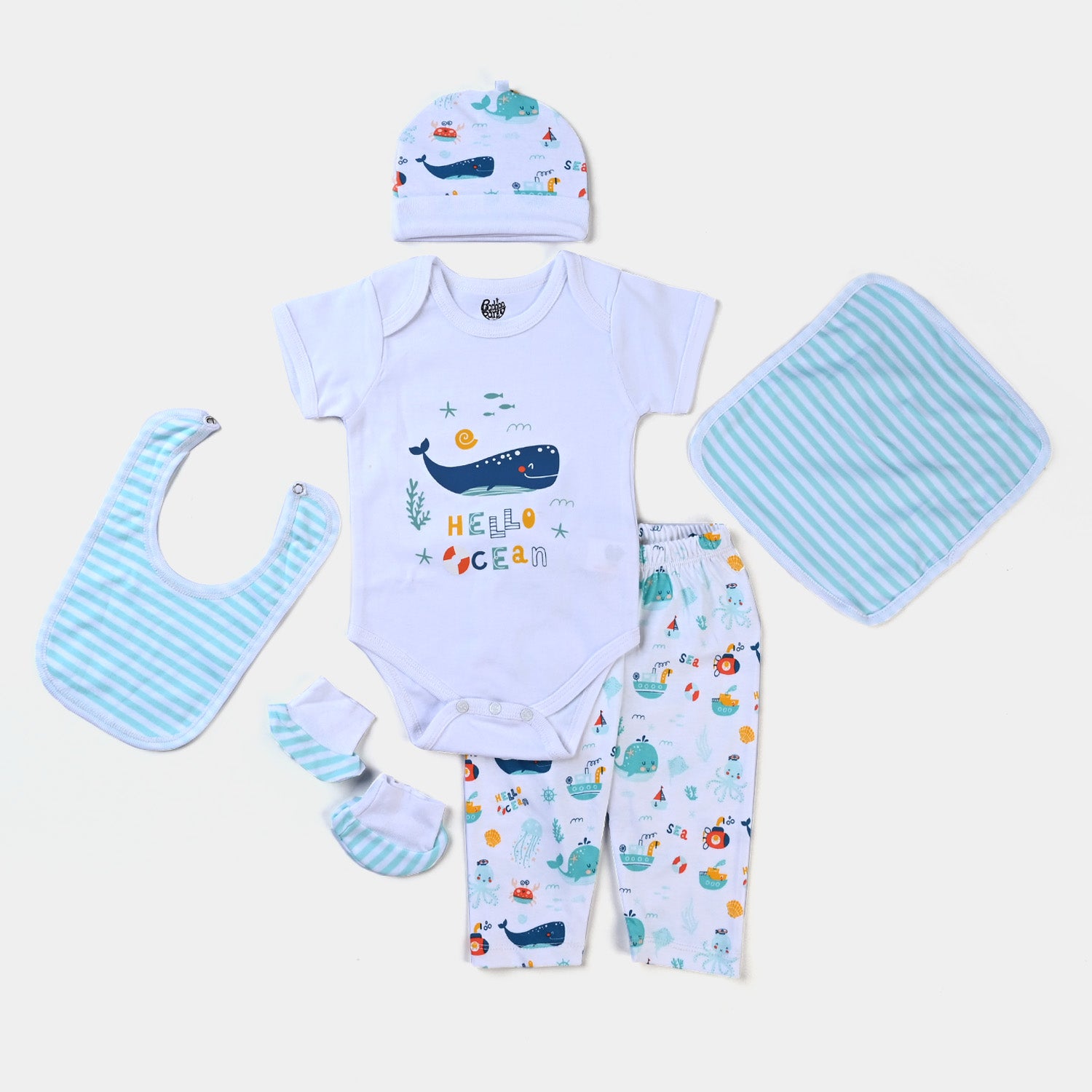 Infant Boys Cotton Poplin 6 Piece Set (Romper/Pajama/Wash Clothe/Cap/Bib/Socks)-mIX