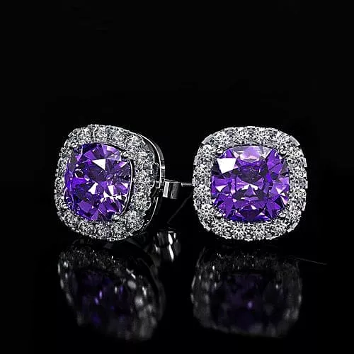 Iridescent Amethyst Gemstone Princess Halo Cut Stud Earring With