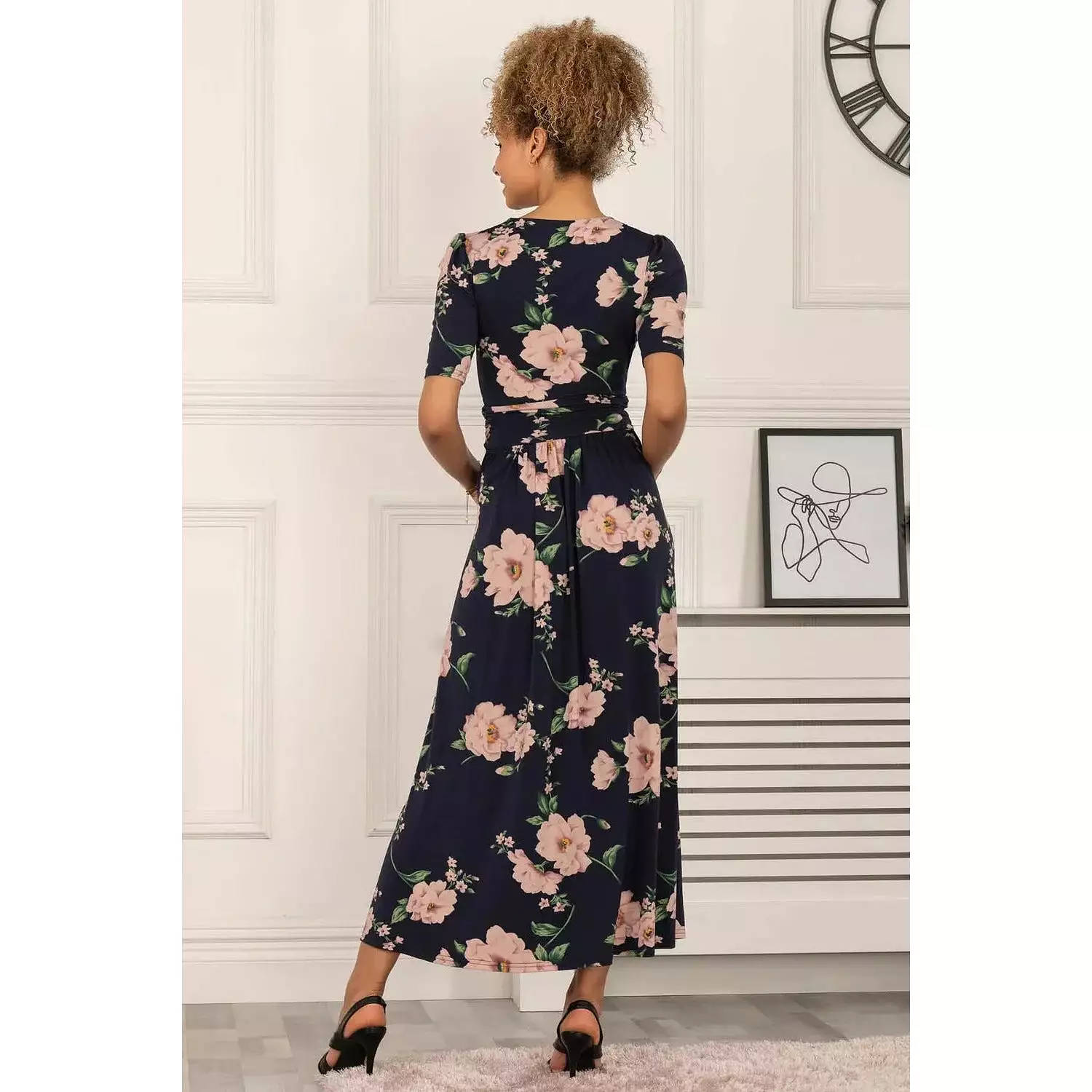 Jolie Moi Navy Floral Pleat Short Sleeve Jersey Dress