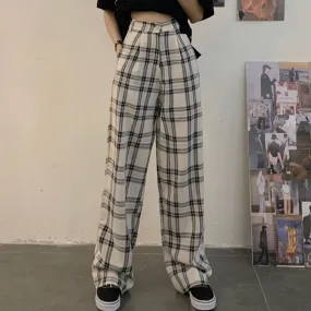 Korean Style Women High Waist Wide Leg Pants Vintage Plaid Loose Ladies Casual Harajuku Pants