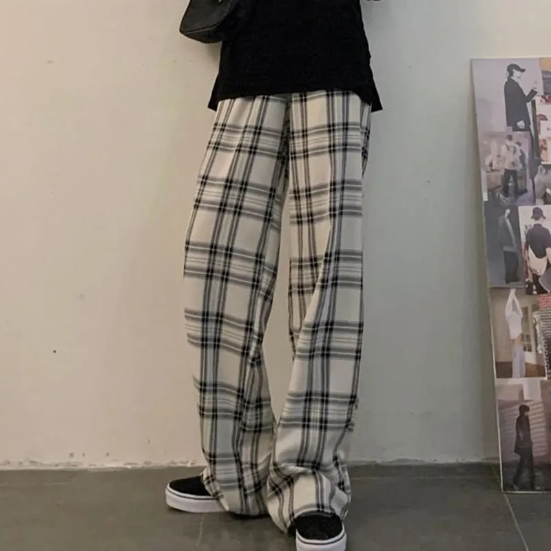 Korean Style Women High Waist Wide Leg Pants Vintage Plaid Loose Ladies Casual Harajuku Pants