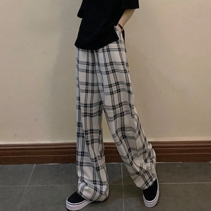 Korean Style Women High Waist Wide Leg Pants Vintage Plaid Loose Ladies Casual Harajuku Pants