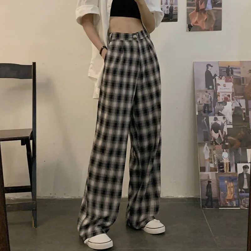 Korean Style Women High Waist Wide Leg Pants Vintage Plaid Loose Ladies Casual Harajuku Pants