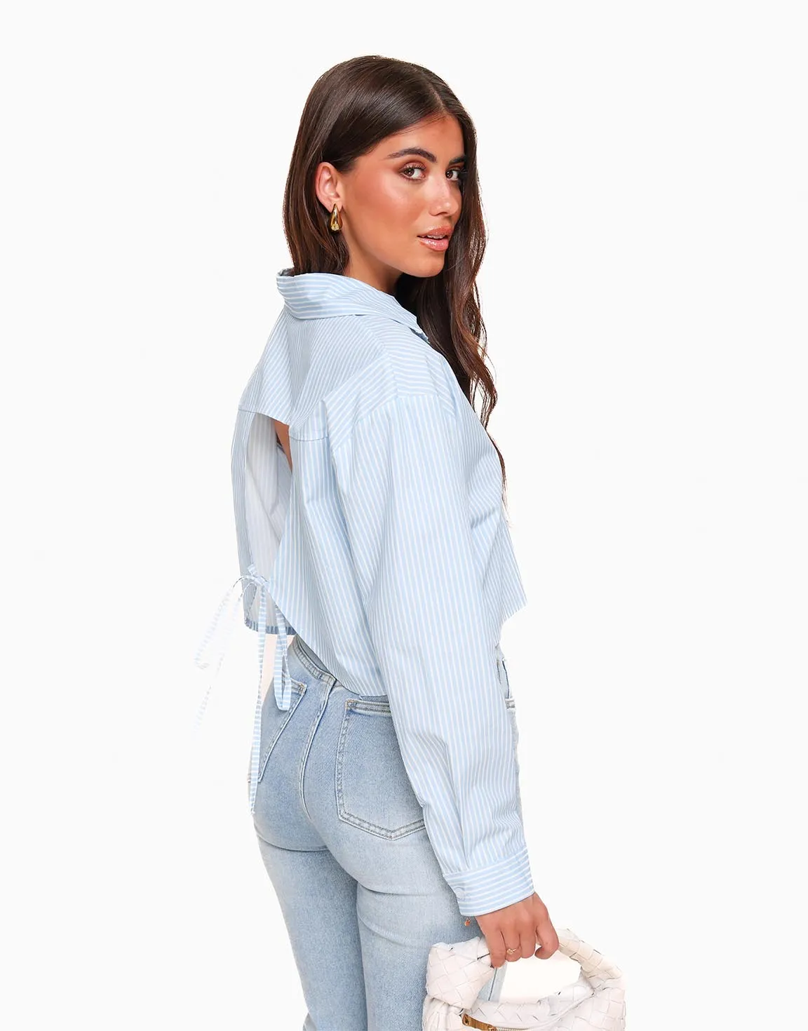 Lichtblauwe Gestreepte Strikjes Achterkant Cropped - Blouse