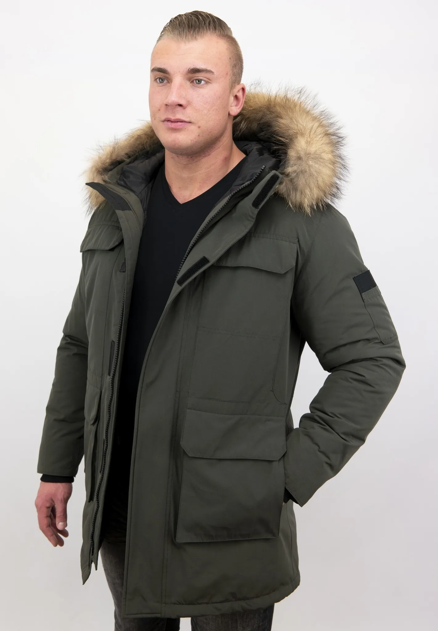 Men Parka Whiter Coat Long Green