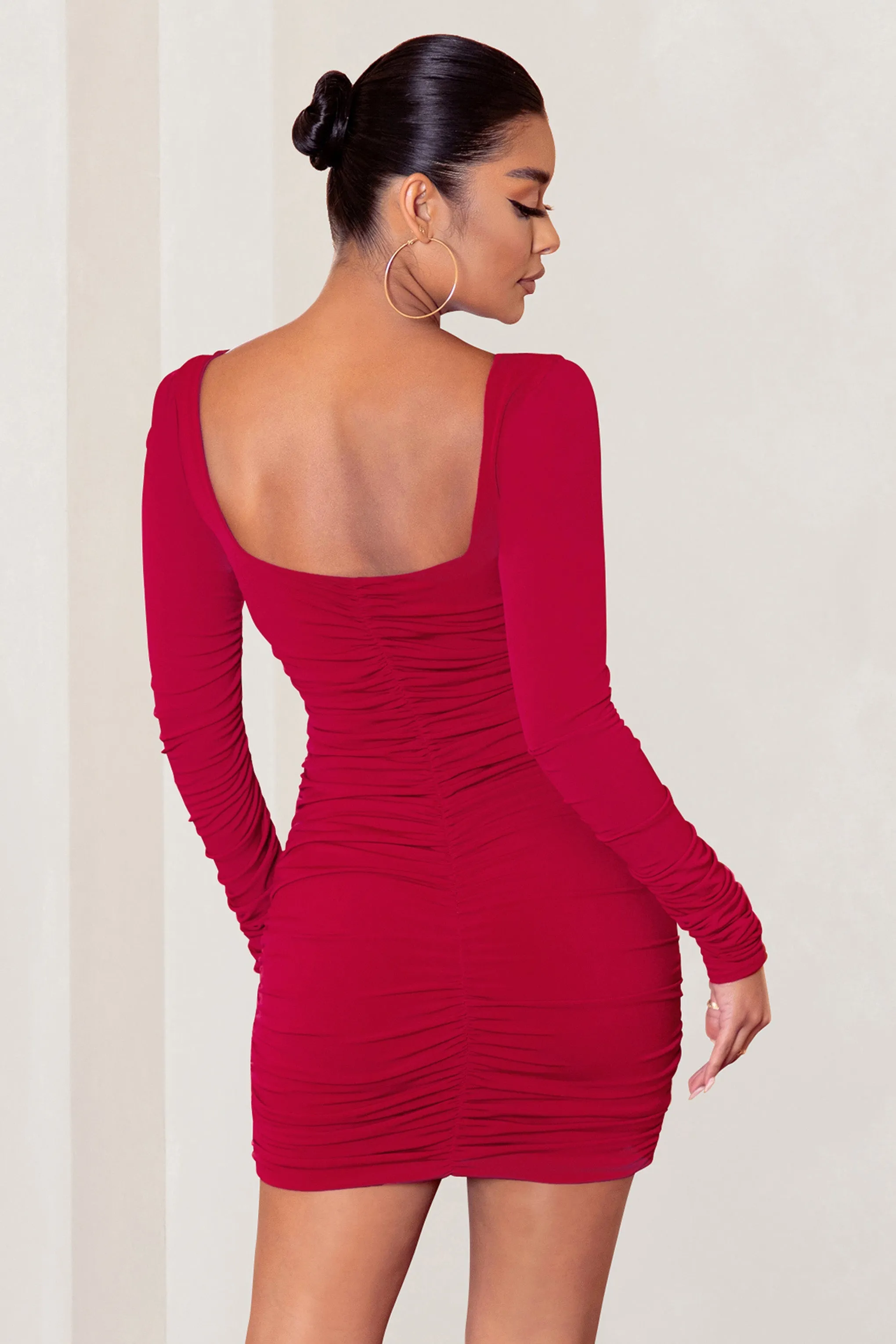 Muse | Red Long Sleeve Square Neck Ruched Mini Dress