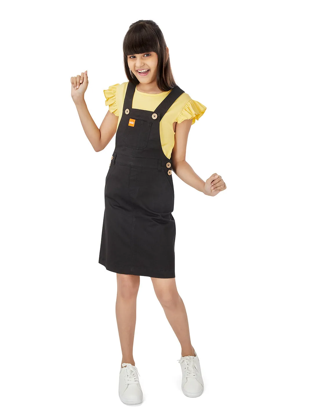 Naughty Dungaree Girls Dungaree Dress - Black Denim