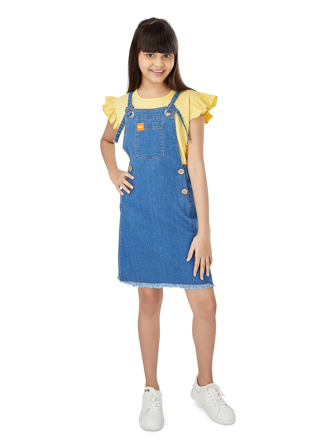 Naughty Dungaree Girls Dungaree Dress - Metal Eyelets Indigo Denim