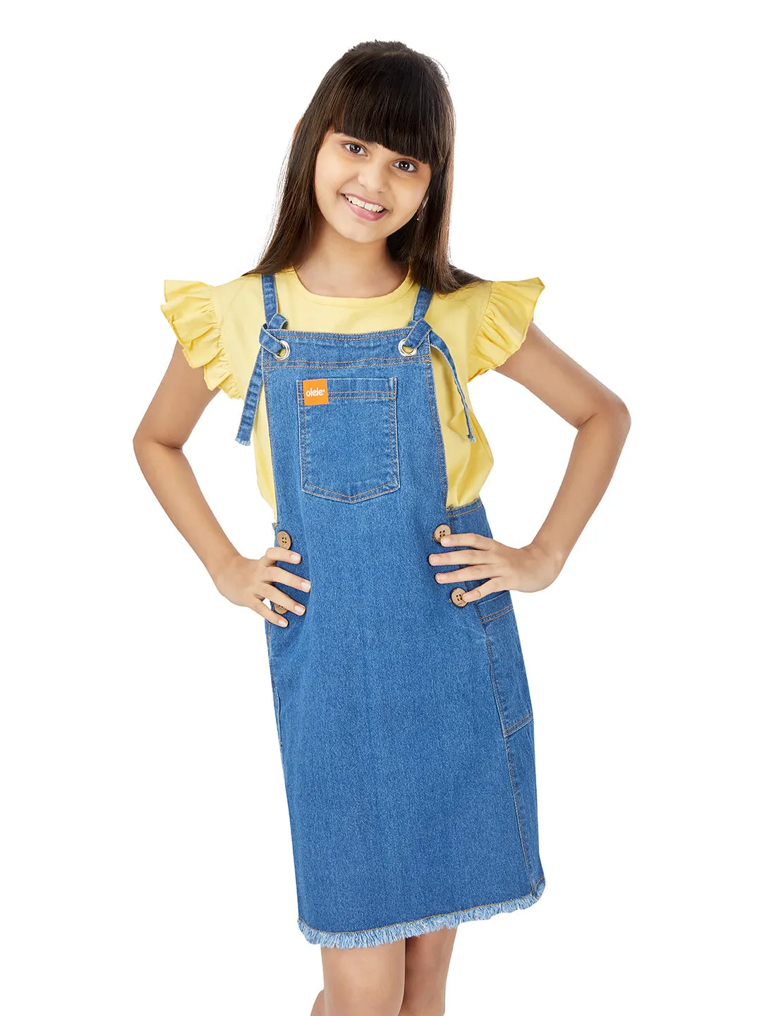 Naughty Dungaree Girls Dungaree Dress - Metal Eyelets Indigo Denim