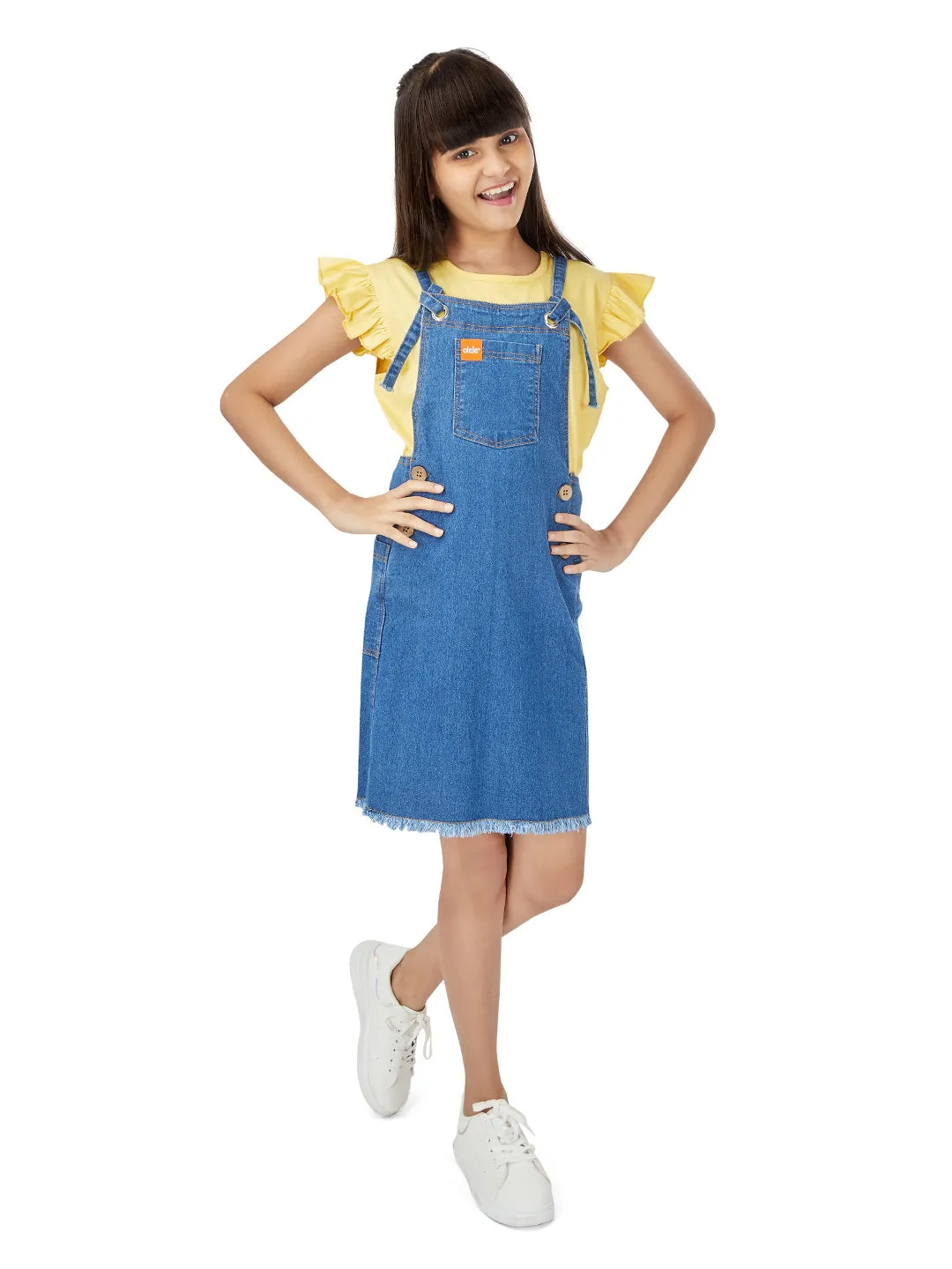 Naughty Dungaree Girls Dungaree Dress - Metal Eyelets Indigo Denim