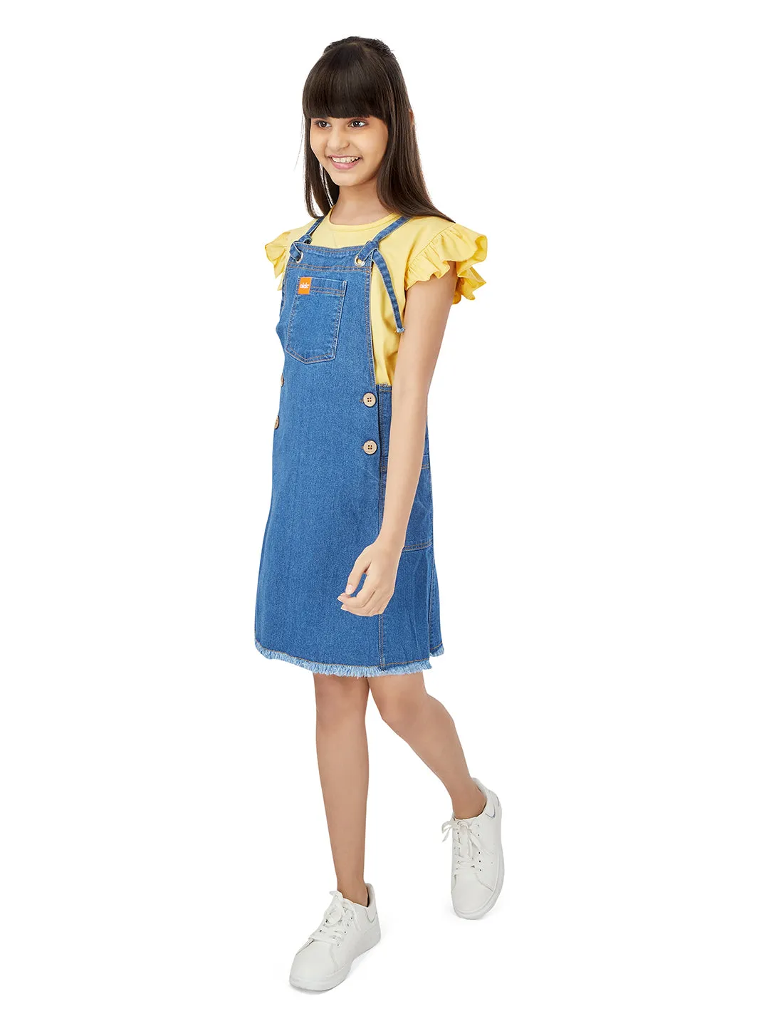 Naughty Dungaree Girls Dungaree Dress - Metal Eyelets Indigo Denim