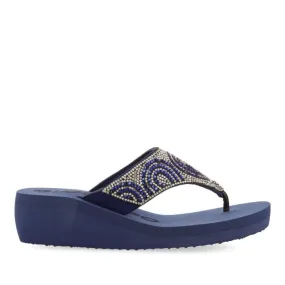 NAVY BLUE WEDGE SANDALS WITH CRYSTAL EMBELLISHMENT FOR WOMEN CUDJOE