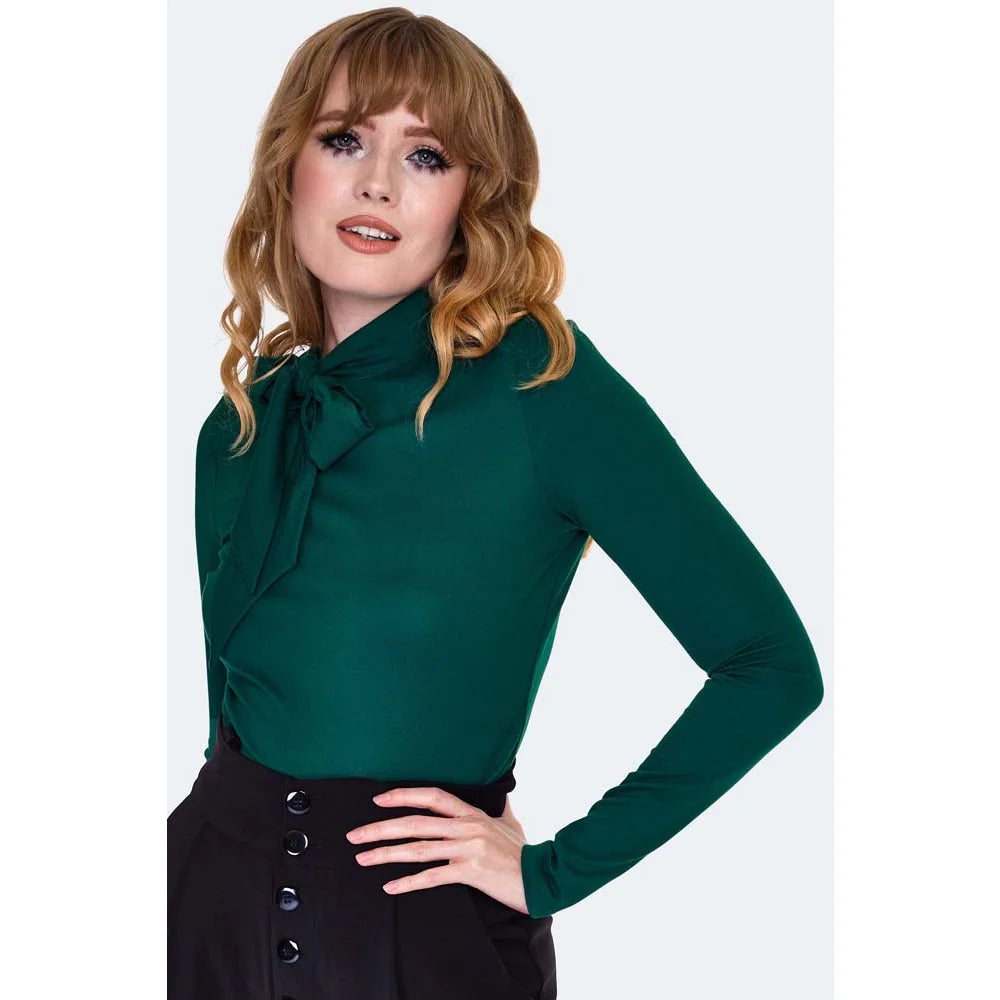 Retro Tie Neck Deep Green Long Sleeve Jersey Top