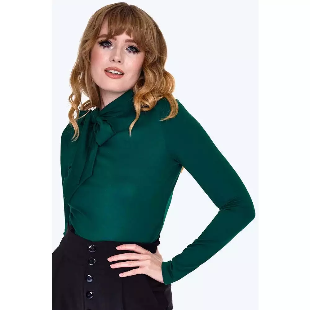 Retro Tie Neck Deep Green Long Sleeve Jersey Top