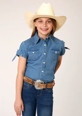 Roper Kids Girls Western Denim Medium Blue 100% Cotton S/S Shirt