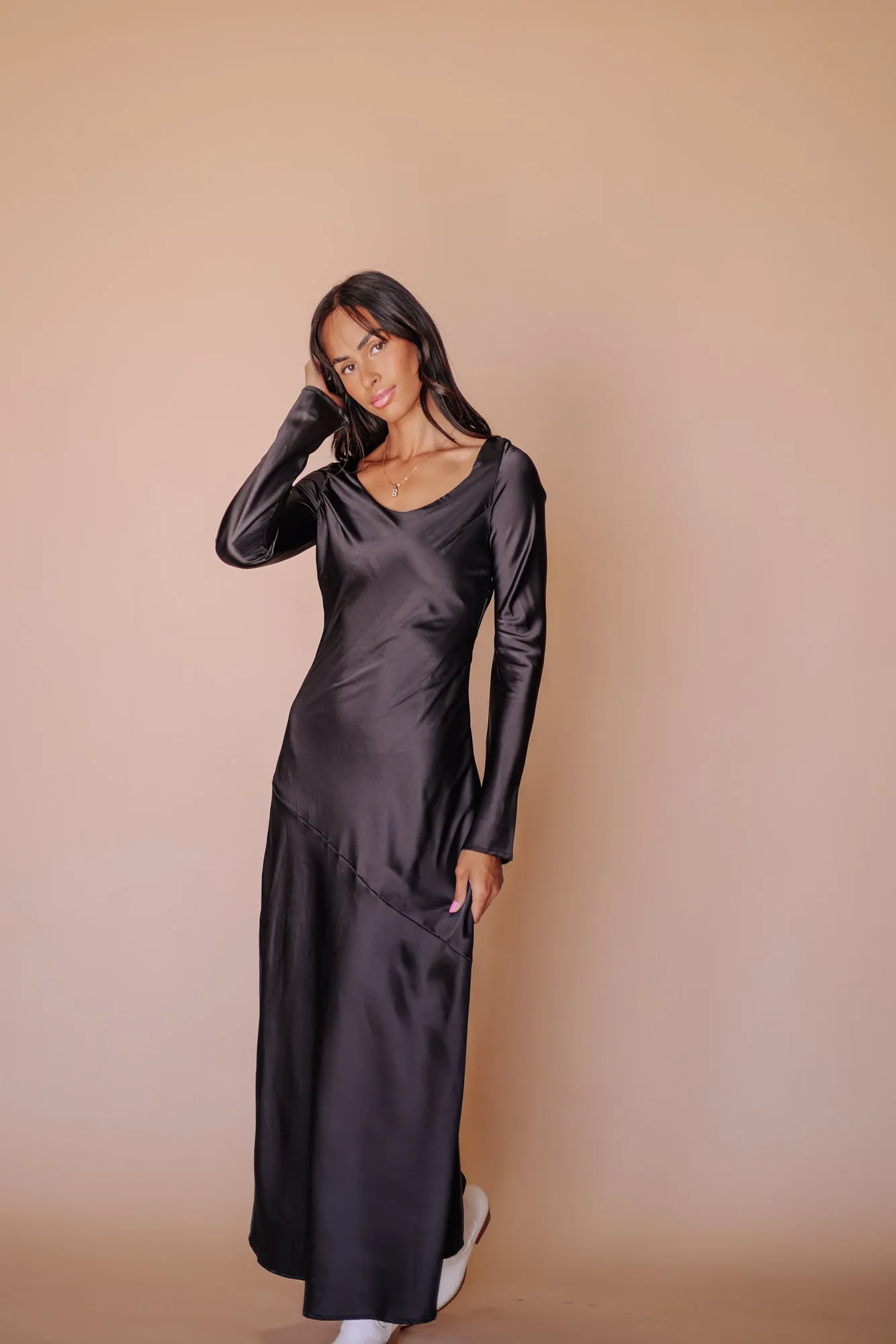 Siri Satin Long Sleeve Midi Dress