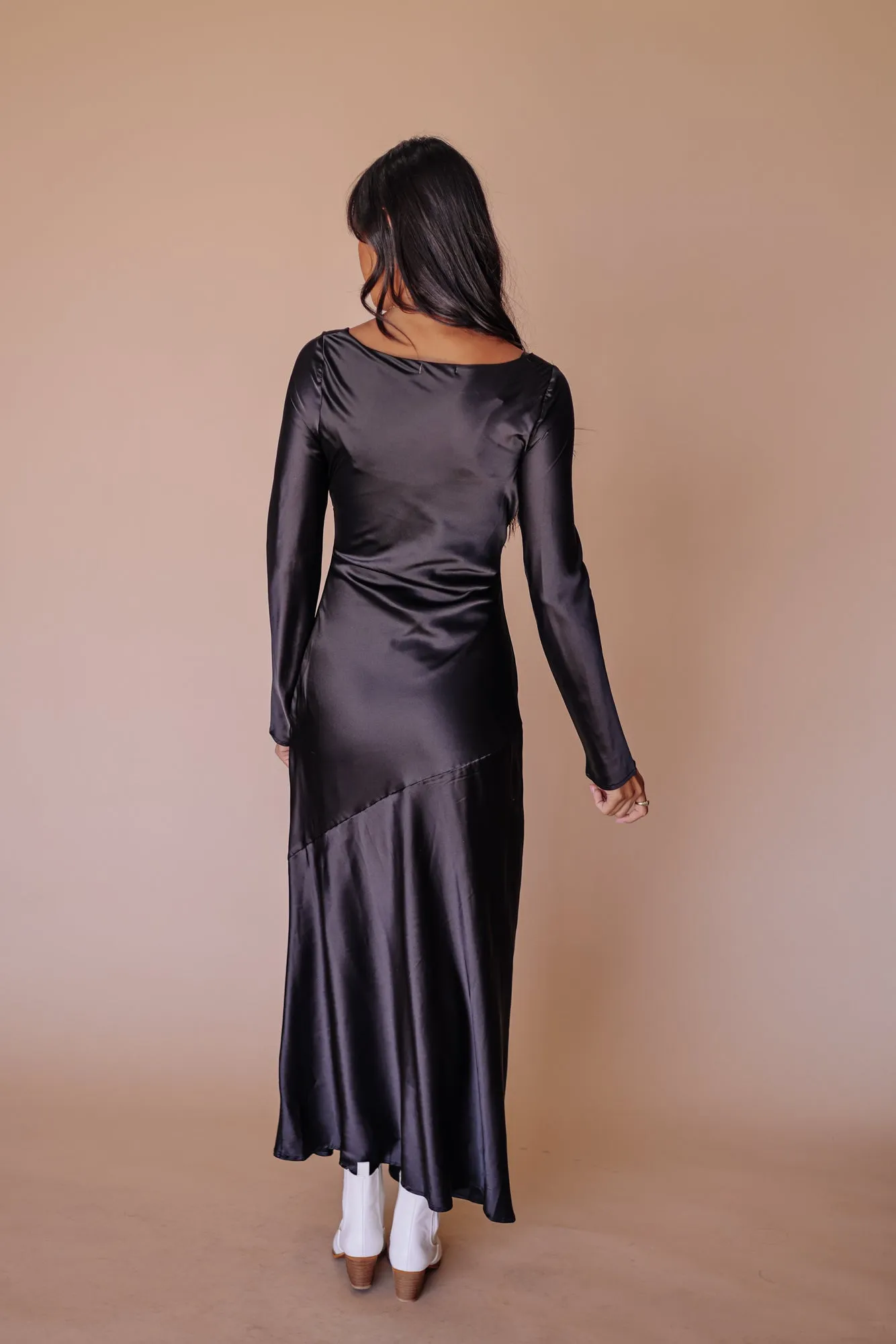 Siri Satin Long Sleeve Midi Dress