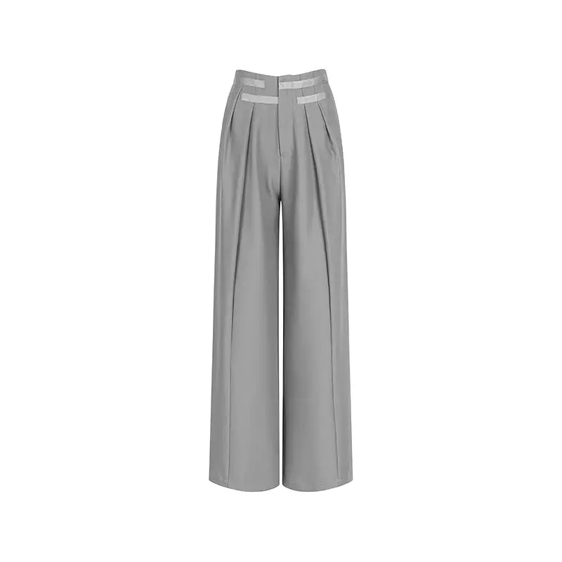 Spring trendy retro casual pants design straight wide leg high waist suit pants for women