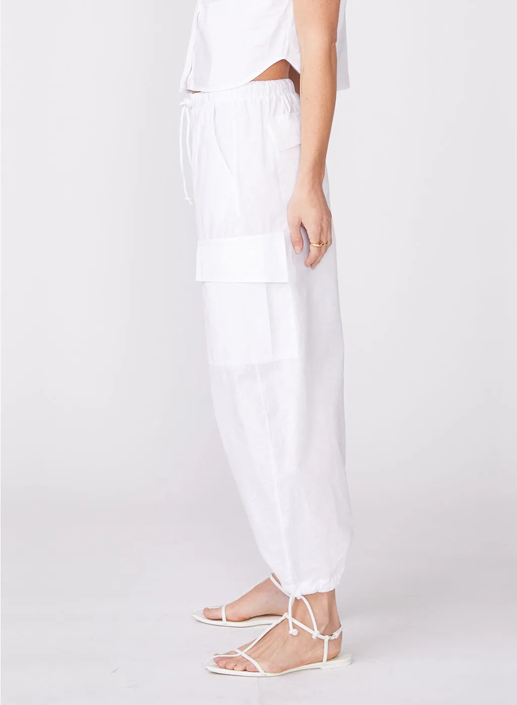 Structured Poplin Drawstring Cargo Pant in White