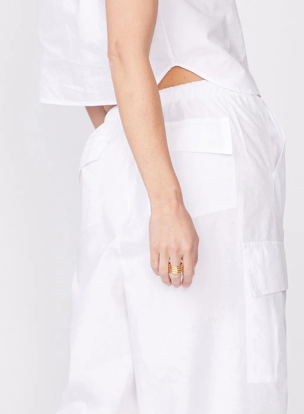 Structured Poplin Drawstring Cargo Pant in White