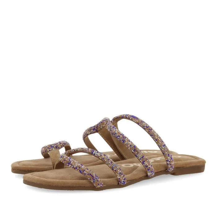 TAUPE LEATHER SANDALS WITH STRAPS AND EMBELLISHMENTS FOR WOMEN BY TEMELEC