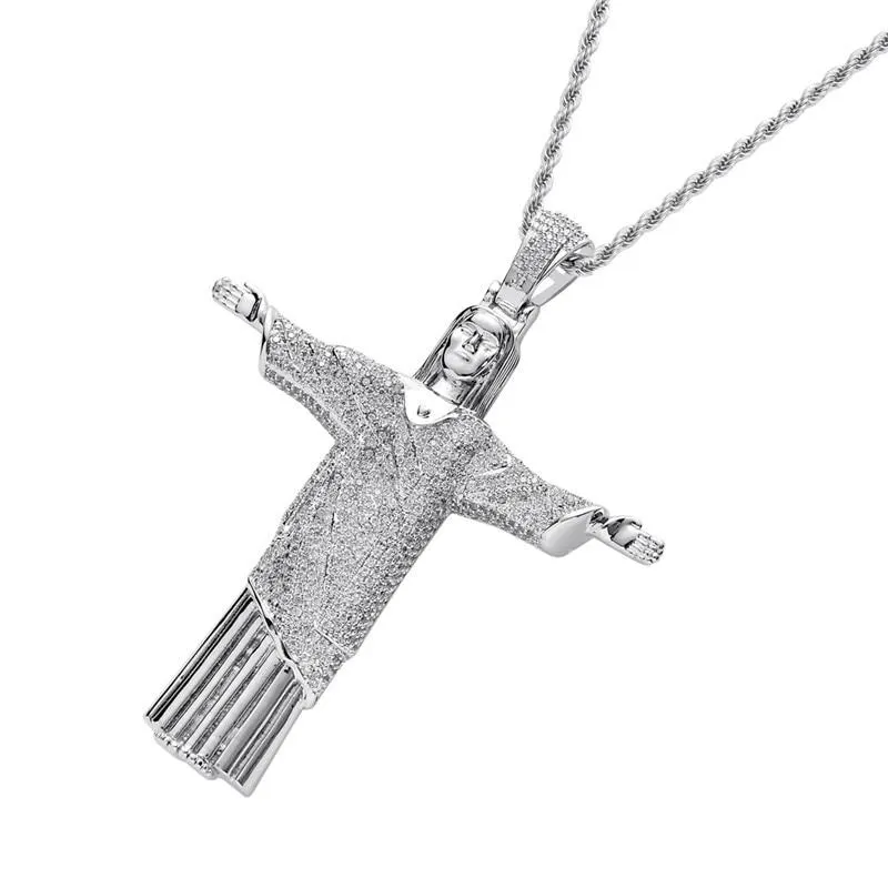 Unisex Iced Out 2 Colors Cz Stone Jesus Cross Big Pendant Necklace