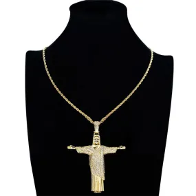 Unisex Iced Out 2 Colors Cz Stone Jesus Cross Big Pendant Necklace