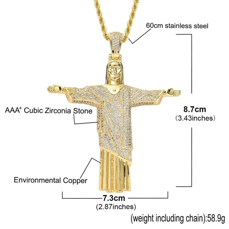 Unisex Iced Out 2 Colors Cz Stone Jesus Cross Big Pendant Necklace