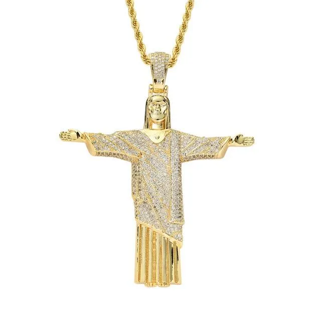 Unisex Iced Out 2 Colors Cz Stone Jesus Cross Big Pendant Necklace