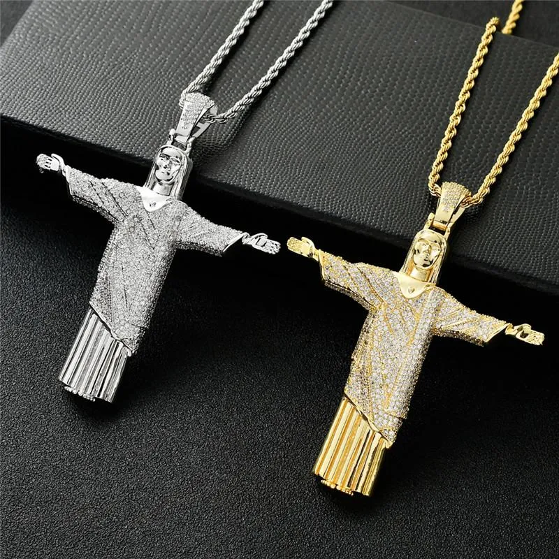 Unisex Iced Out 2 Colors Cz Stone Jesus Cross Big Pendant Necklace