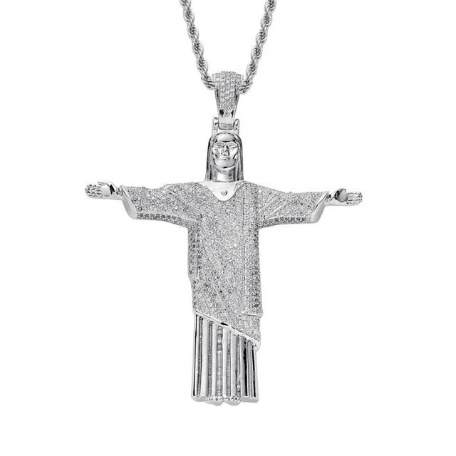 Unisex Iced Out 2 Colors Cz Stone Jesus Cross Big Pendant Necklace