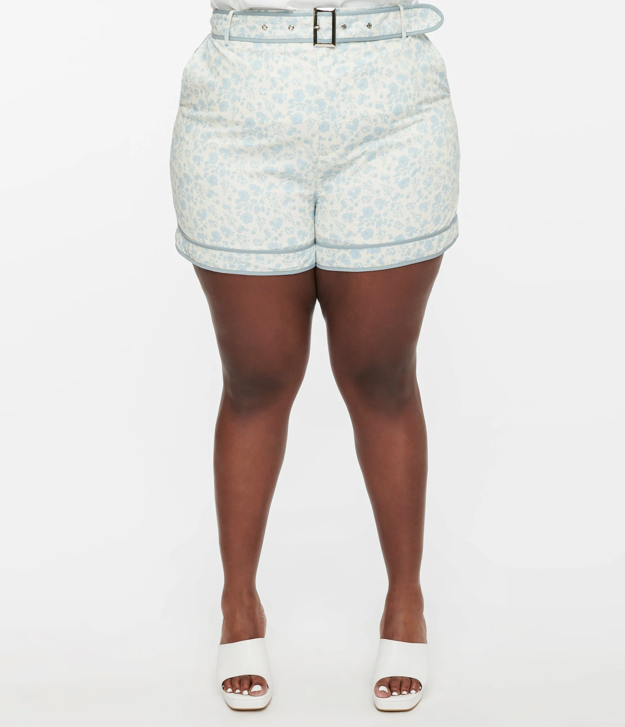 White & Dusty Blue Floral Belted Shorts