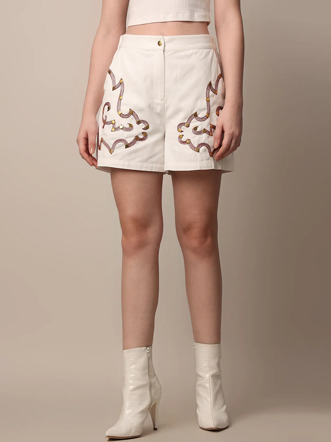 White Embroidered Co-ord Set Shorts