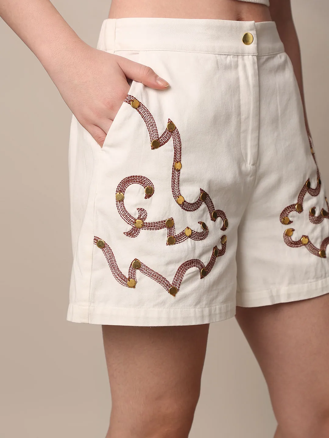 White Embroidered Co-ord Set Shorts